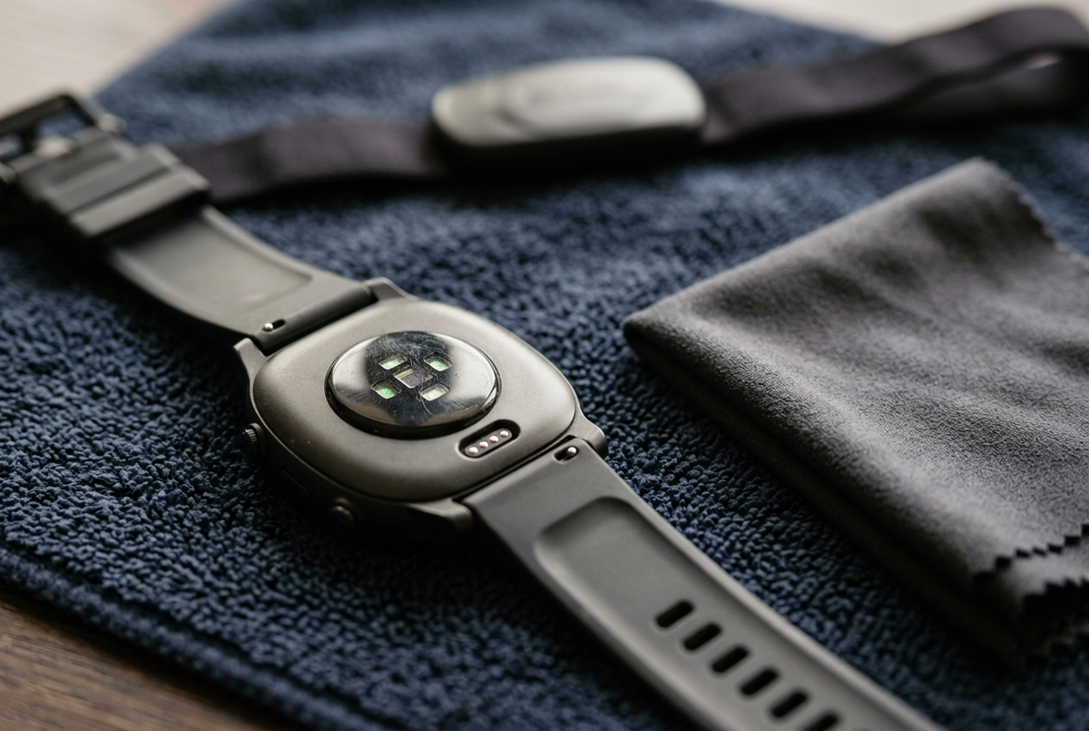 Close-up of a smartwatch’s rear optical sensor on a workout towel, with a microfiber cloth and chest strap monitor nearby.